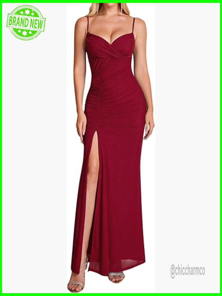 Small Formal Maxi Dress V-Neck Bodycon Ruched Slit Spaghetti Strap